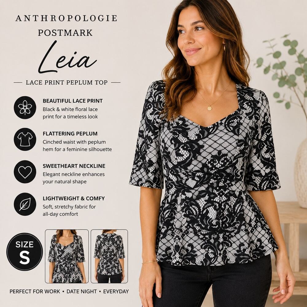 Anthropologie Postmark Leia Lace Print Peplum Top Black Gray Floral Short Sleeve